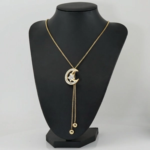 Women Long Sweater Chain Necklace Stainless Steel 18K Gold Plated Rhinestone Geometric Star Moon Love Adjustable Slider Trendy