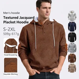Felpa da uomo marrone in tessuto jacquard con bottoni e cappuccio regolabile stile casual