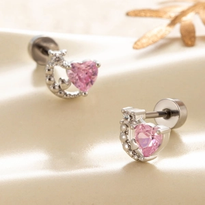 Ohrstecker aus Silberstahl mit rosa Herzzirkonia und mondförmigem Design für Damen