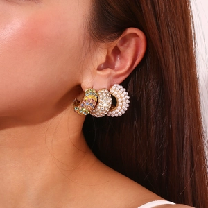 18K gold plated C-shaped earrings with colorful crystals and pearls on model