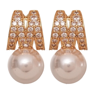 Rose gold M letter pearl earrings with sparkling cubic zirconia on a white background
