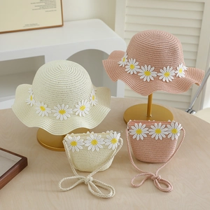 Kids Summer Straw Hat And Bag Featuring Daisy Embroidery Sun Protection Wavy Brim Beach Accessory For Girls Toddler Vacation