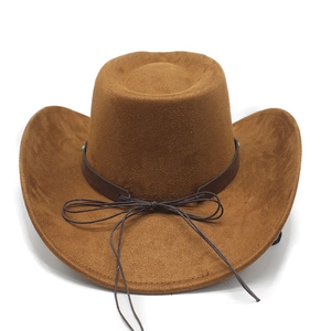 Detail of brown faux suede cowboy hat featuring blue beads and leather band
