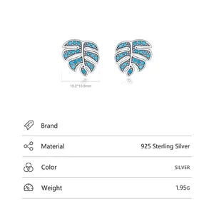 S925 Sterling silver monstera leaf stud earrings with turquoise stones for women