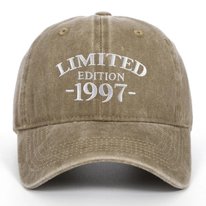 Front view of khaki washed cotton baseball cap with Limited Edition 1997 white embroidery