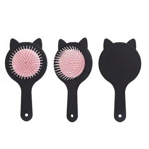 Cute black cat ear hair brush with pink air cushion for gentle scalp massage
