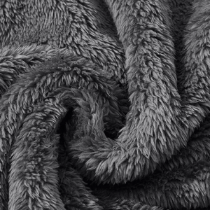 Detailed macro view of plush dark grey faux fur lining on warm men's hooded jacket