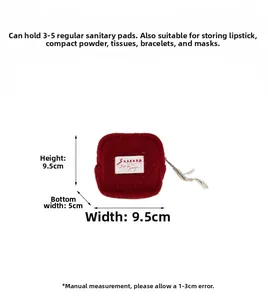 Detail view of red felt pouch showing 9.5x9.5x5cm dimensions and square zipper design