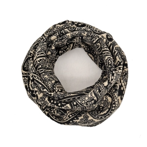 Beige cashmere knit infinity scarf featuring black paisley print for winter warmth