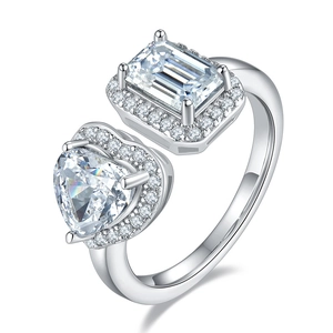 925 silver open ring with heart and emerald cut moissanite stones on white background