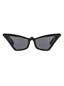 Front view of black cat-eye sunglasses with thick frames and dark grey lenses on white background