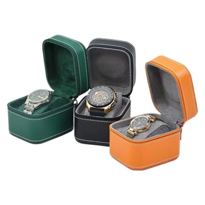Portable PU leather single watch cases with zipper in green black and orange colors