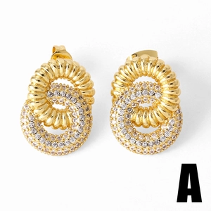 Double-layered gold-plated hoop earrings with cross-textured spiral and cubic zirconia
