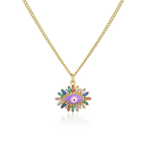 Detailed view of 18K gold evil eye necklace with colorful zircon gemstones