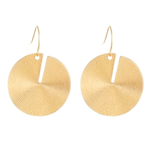 Detailed view of gold circular earrings featuring elegant spiral metal texture design