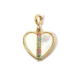 Detail of heart pendant with white shell inlay and colorful rhinestones in gold plating