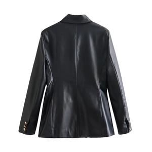 Back view of black PU leather blazer featuring detailed gold buttons on the cuffs