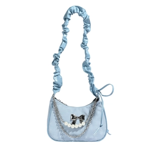 Sky blue ruched strap shoulder bag with pearl chain, metallic link and bow decoration