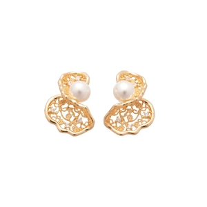 Elegant gold hollow twisted earrings with zircon and pearls on a clean white background