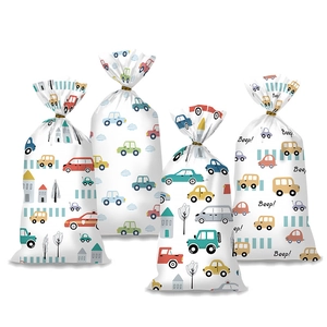 Cartoon car printed OPP gift bags for snacks and candy with golden twist ties