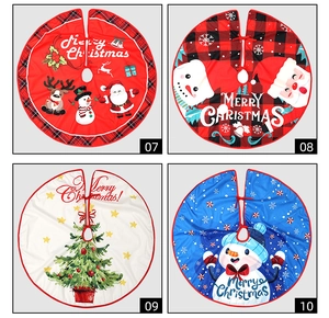 Detailed grid of Christmas tree skirts with festive Santa, snowman, and reindeer patterns