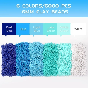 Macro display of 6000 pieces 6mm clay beads in six gradient blue and white colors