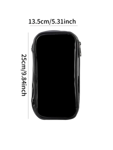 Glossy black PU leather makeup brush bag showing dimensions 25cm height and 13.5cm width