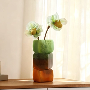 Modern geometric stacked square resin flower vase in green and amber gradient colors