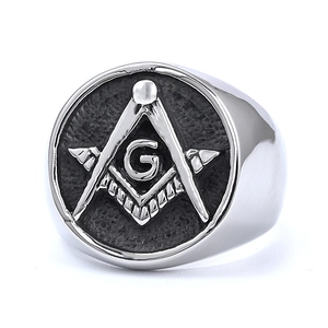 Vintage stainless steel Freemasonry ring for men featuring silver and black AG totem