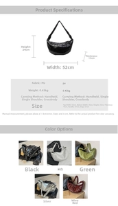 Detailed size specifications of large PU crescent bag with 52cm width and various colors