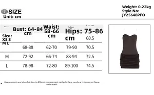 Detailed size chart for slim fit strapless dress showing bust waist and hip measurements