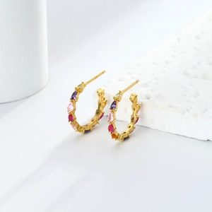 925 Sterling Silver C-shaped hoop earrings with colorful oval gemstones on a stone base