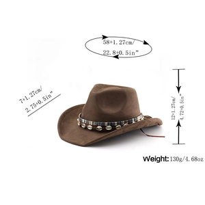 Detailed size guide for dark brown suede cowboy hat with ethnic beaded band and curved brim