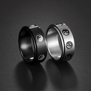 8mm stainless steel rotating ring with Tai Chi symbols in black and silver finishes