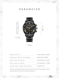 Detailed specs of M1114 men's black quartz watch with triple dial and date display