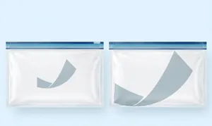 Detailed view of minimalist white yoga wear packaging with blue stripe accents
