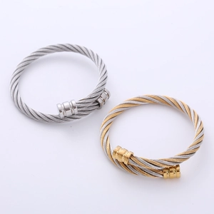 Minimalist stainless steel double-layered cable wire open bracelets in silver and gold