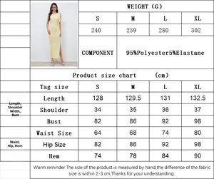 Guía de tallas con composición de tela y medidas para vestido con abertura lateral
