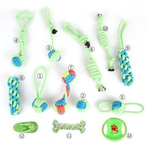 Detailed set of 13 durable cotton rope dog toys for teething and chewing in light green