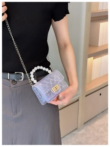Detailed view of translucent blue mini bag featuring quilted pattern and pearl handle