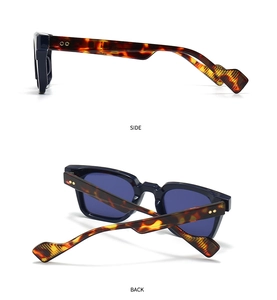 Detail view of cat eye sunglasses with leopard texture arms and gold rivets