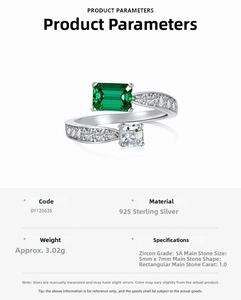 Detail specifications of 925 silver ring featuring emerald-cut zirconia stone