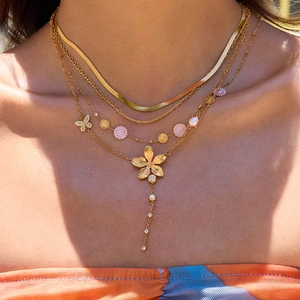 18K Vergoldete Edelstahl Mehrlagige Halskette Mit Zirkon Blume Schmetterling Anhänger Y-Kette Romantischer Schmuck Für Damen