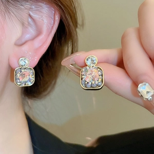 Vintage geometric square diamond earrings with crystal center and French retro gold finish