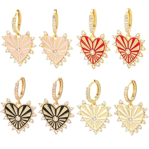 Fashion Copper Zirconia Heart Drop Hoop Earrings Colorful Enamel Sunburst Pattern Dainty Jewelry For Women Party Gift