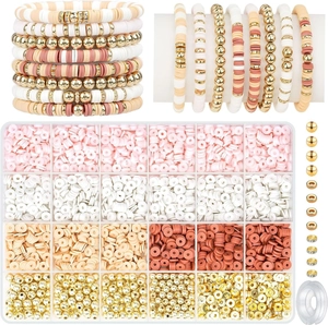 Macro view of DIY clay bead jewelry kit with pink and gold accents for bracelets
