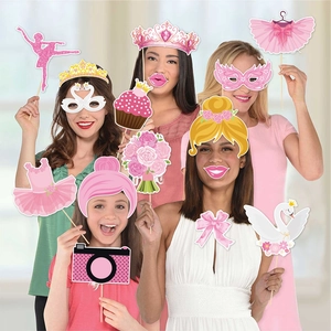 Close-up of 10 pink ballet themed photo booth props including crowns and tutus on sticks