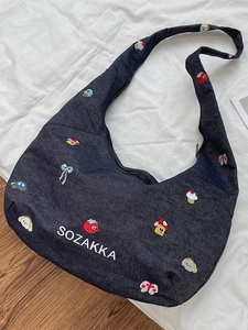 Deep blue denim tote bag with colorful cartoon embroidery and zip closure for women