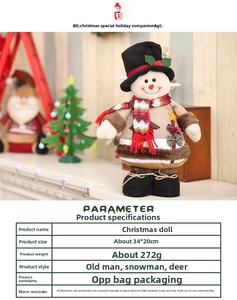 Standing Christmas snowman doll in brown coat and red scarf, size detail 34x20cm