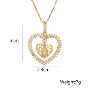Gold-plated heart pendant necklace with Virgin Mary relief and cubic zirconia border